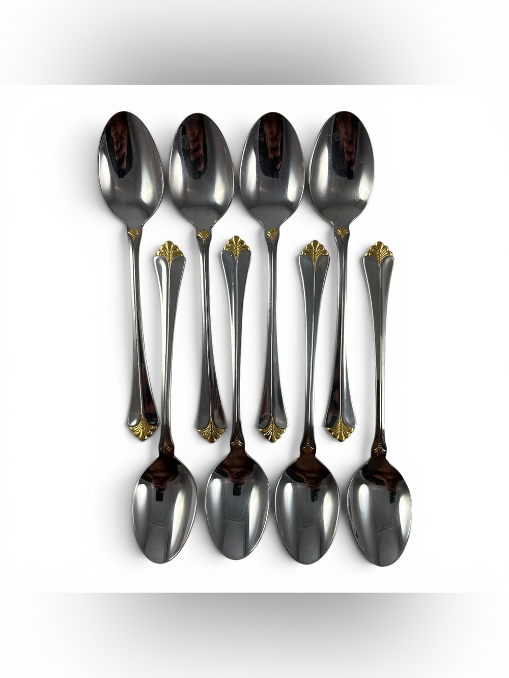 Vintage Towle 18/8 Santa Barbara Gold Stainless Set of 8 Dinner Soup Spoons